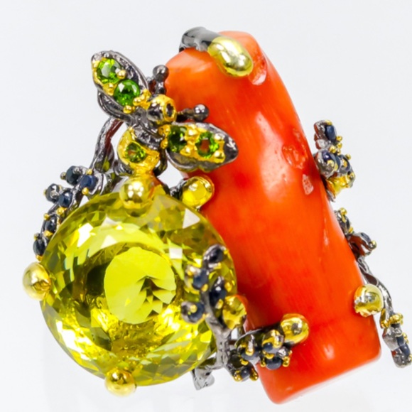 Masterpiece Genuine Lemon Quartz Coral Ring with Gems - Picture 4 of 9